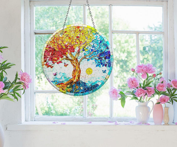 Blue & Red Life of tree Suncatcher Add Color with Stained Glass Suncatchers for Home | Myphotostation
