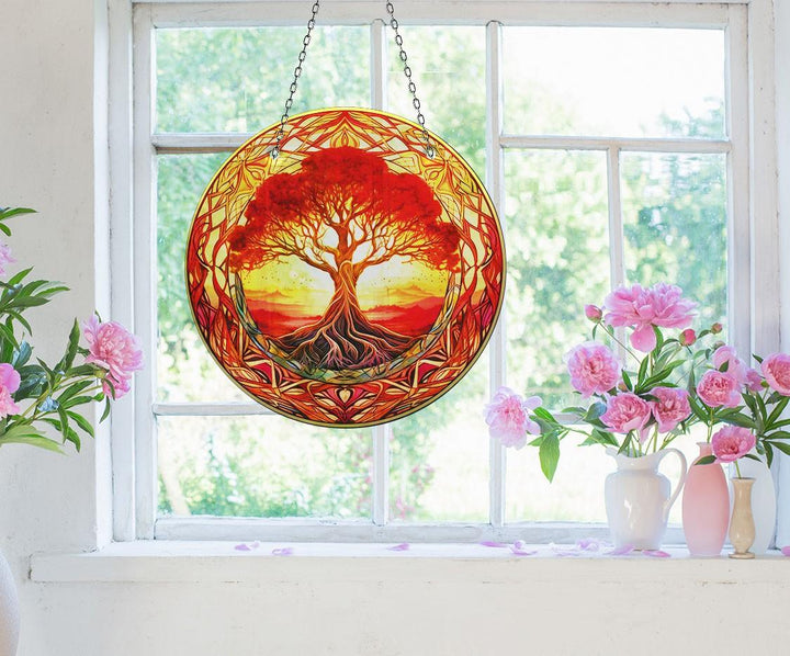 Red Life of tree Suncatcher Vibrant Stained Glass Suncatchers for Windows | Myphotostation
