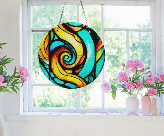 Hanging vertically, the round fractal suncatcher presents vibrant, spiraling art from glass in shades of orange, blue, and black.