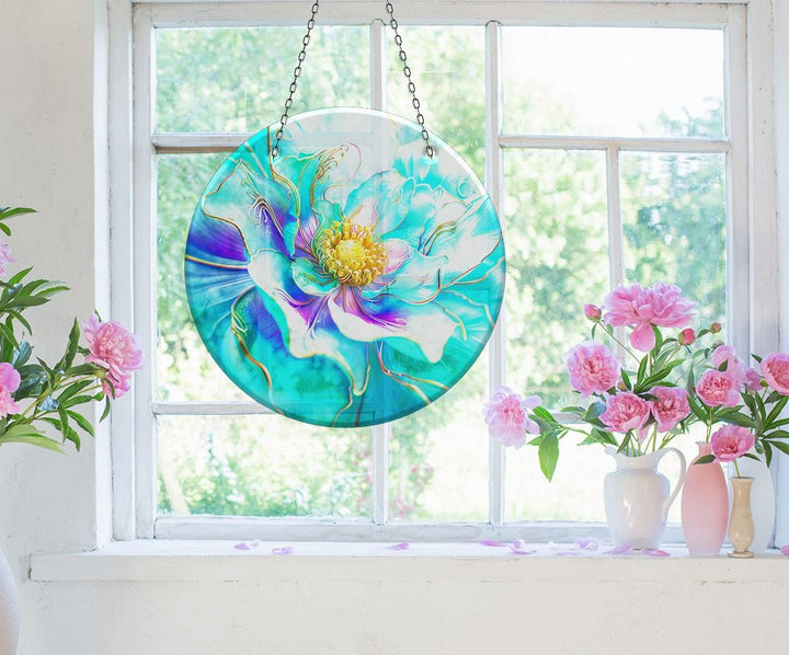 Shiny Blue Flower Suncatcher Durable Tempered Glass | Myphotostation
