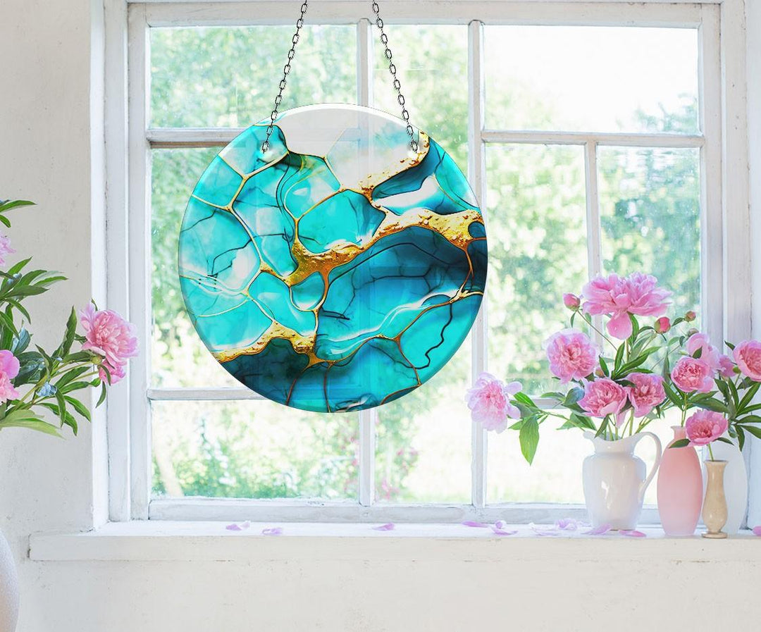 Blue Abstract Marble Suncatcher Decor Add Color with Stained Glass Suncatchers for Home | Myphotostation
