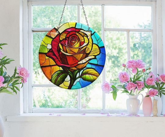 Textured glass surface of a colorful stained rose suncatcher creates an eye-catching effect for unique glass wall art decor.