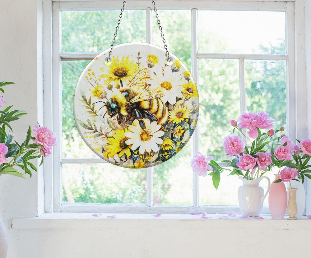 Bee & Daisies Stained Suncatcher Vibrant Stained Glass Suncatchers for Windows | Myphotostation
