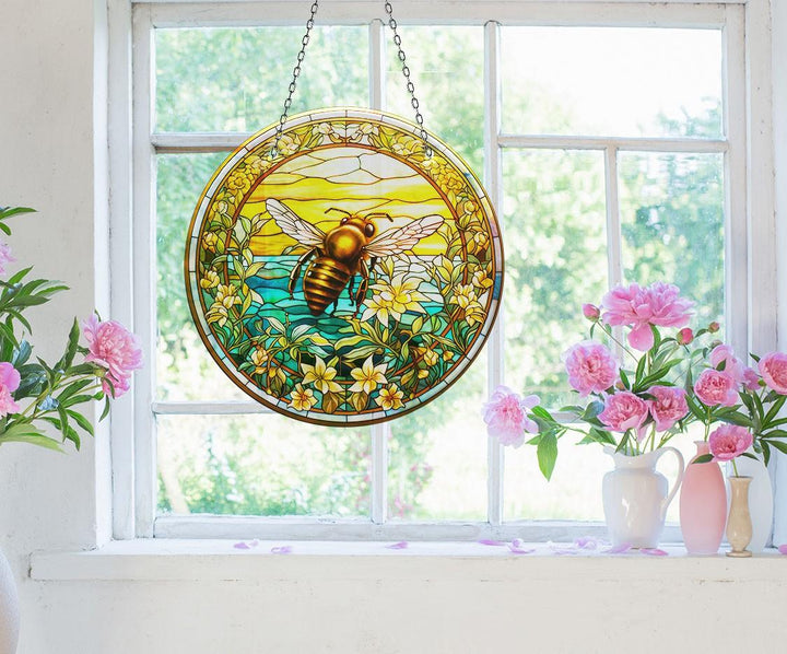 Stained with Bee Detail Suncatcher Decor Durable Tempered Glass | Myphotostation
