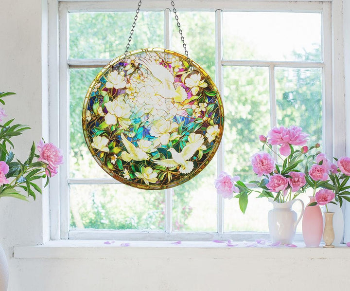 White Birds Suncatcher Decor Unique Stained Glass Suncatchers | Myphotostation
