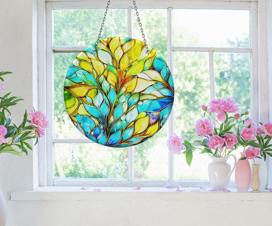 Suncatcher with blue and yellow leaves glass print and leaf wall art decor
