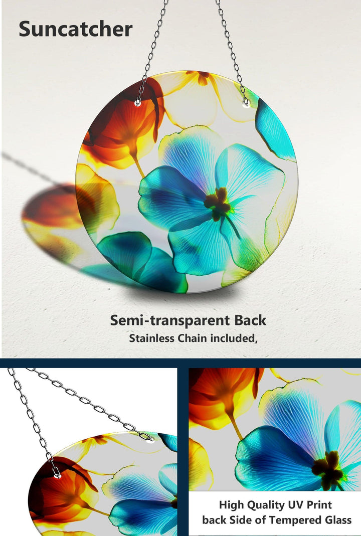 Sonnenfänger-Dekor mit blauen und orangen Blumen