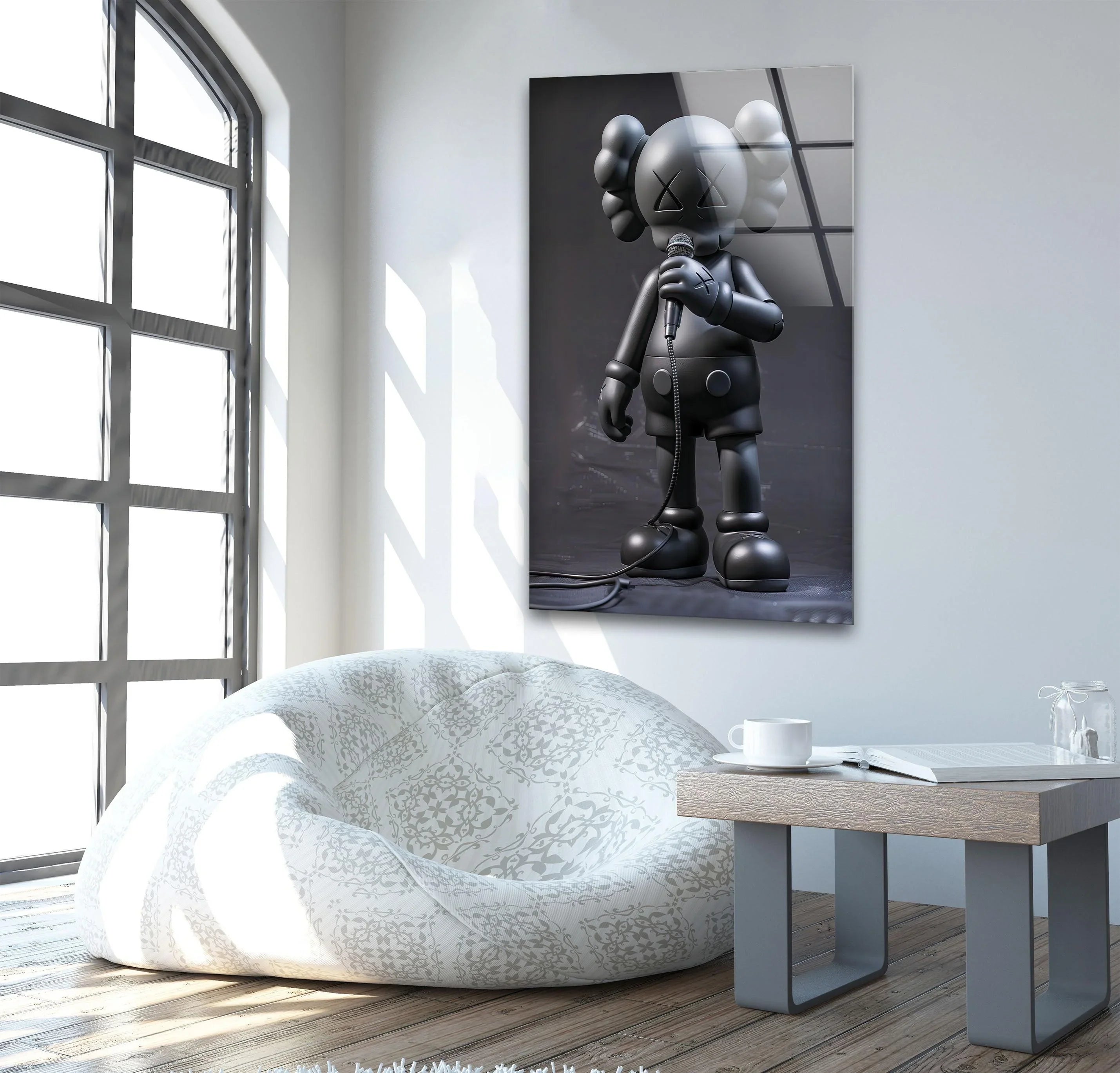 Singer Black Kaws Glass Wall Art – Minimal Pop Style – MyPhotoStation
