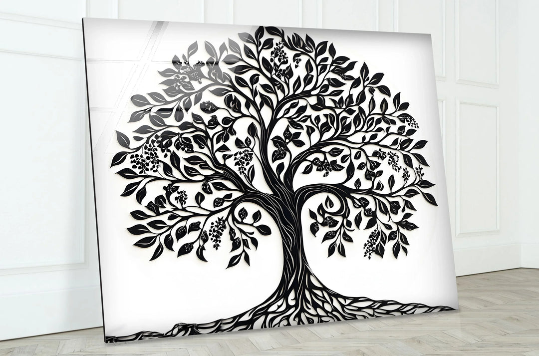 Artistic silhouette-style tree on glass showcasing curved branches and detailed leaves.
