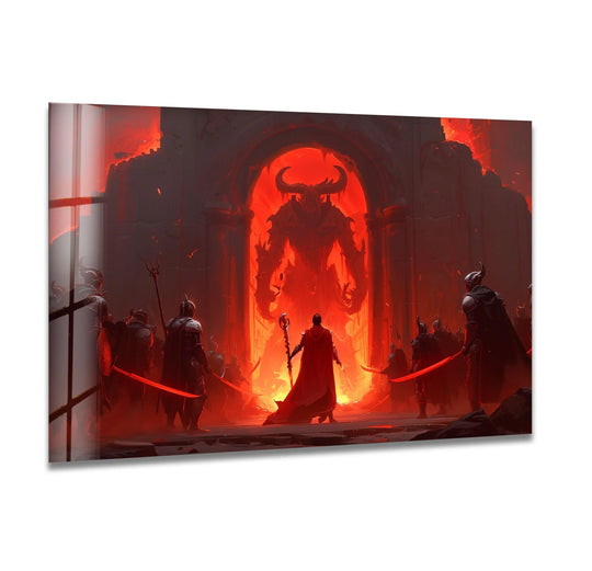 The focal point shows a robed figure courageously approaching a towering demon through the fiery gate, displayed in this dramatic dark fantasy print wall art.