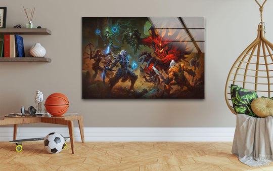 Foreground shows a soccer ball and skateboard, with a basketball and astronaut figurine atop a table, complementing the epic battle against demon beast hanging wall art.