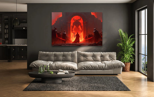 Dim negative space surrounds a fiery Dark Gate Demon Encounter fantasy glass art piece, emphasizing the silhouetted figures in this dramatic scene, a unique glass art.