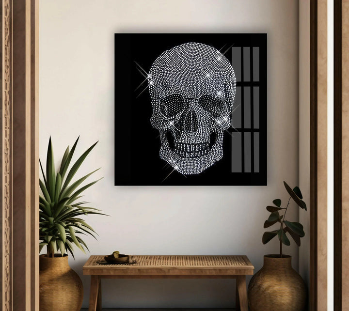 Radiant crystal skull illustration printed on glass with shimmering reflective details.