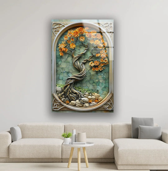 Abstract stained glass print wall art features a twisted tree with vibrant orange floral details and a textured green background.