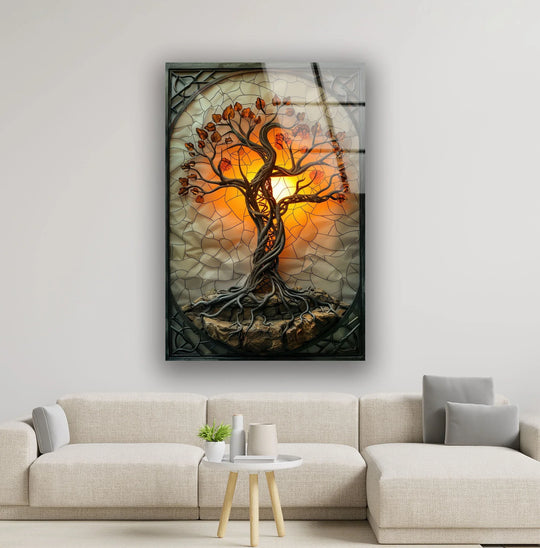 Rich amber and orange hues of the radiant stained tree create striking contrast against the muted background in this glass wall art print.