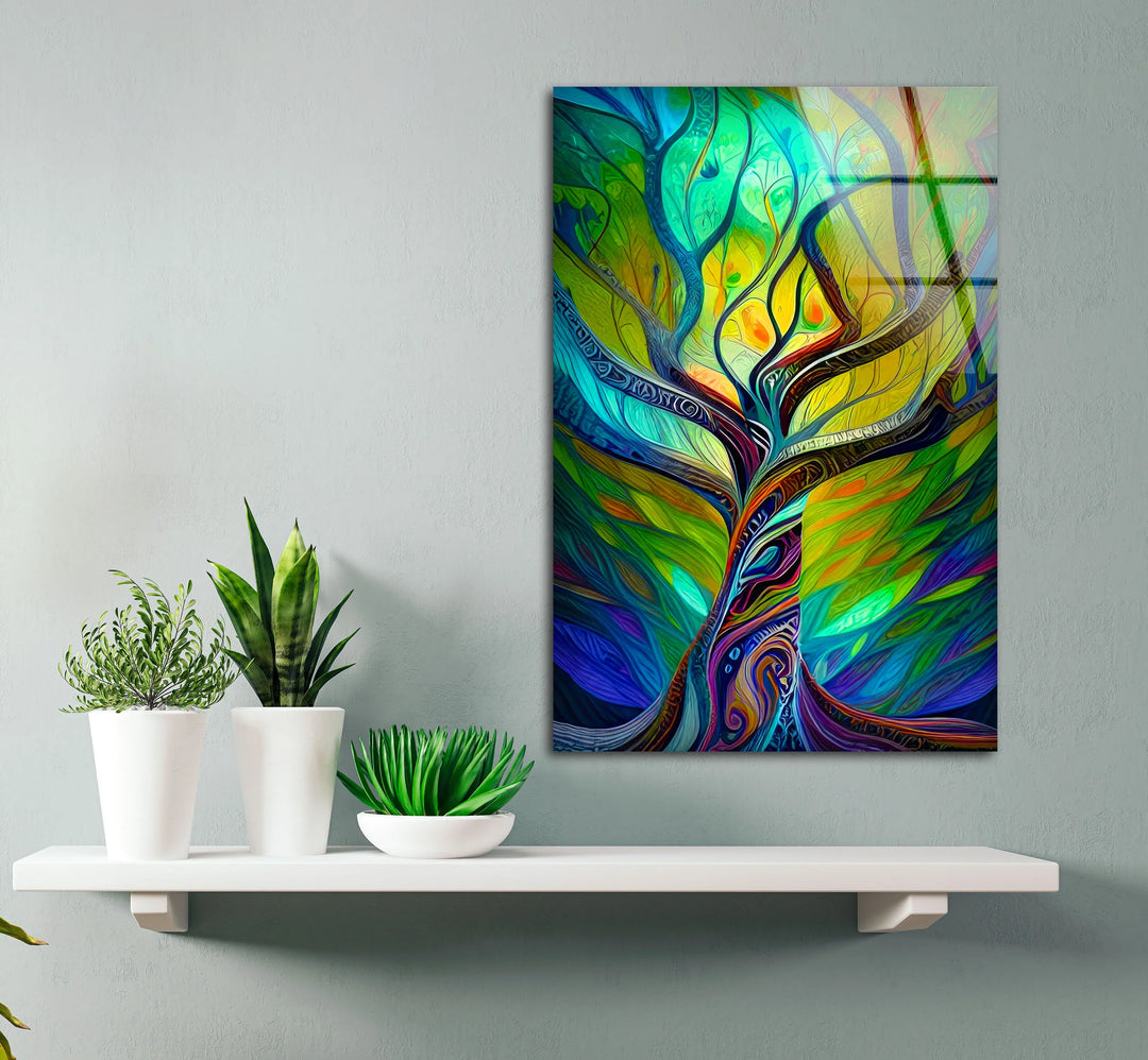 Psychedelic Tree Wall Art – Colorful Abstract Glass Print with Swirling Trunk for Modern and Artistic Interiors - MyPhotoStation