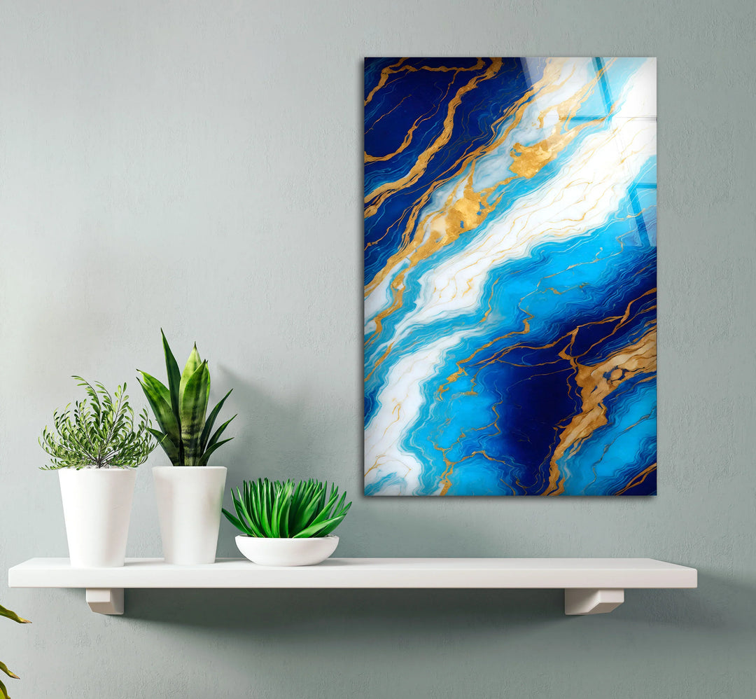 Blue Marble and Gold Wall Art – Glossy Glass Print with White and Gold Veins for Sophisticated Modern Interiors - MyPhotoStation