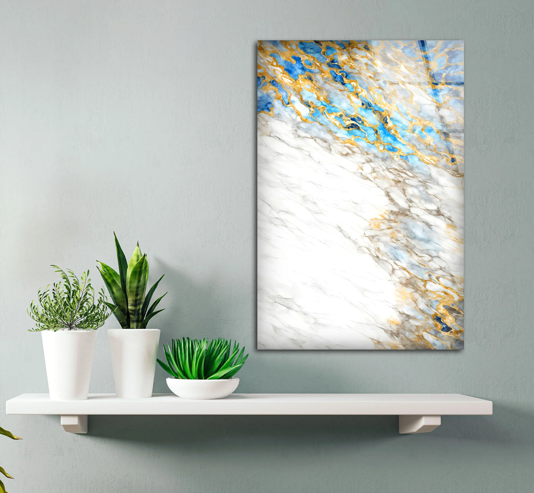 White Marble and Gold Wall Art – Elegant Glass Print with Blue Accents for Modern Luxe Interiors - MyPhotoStation