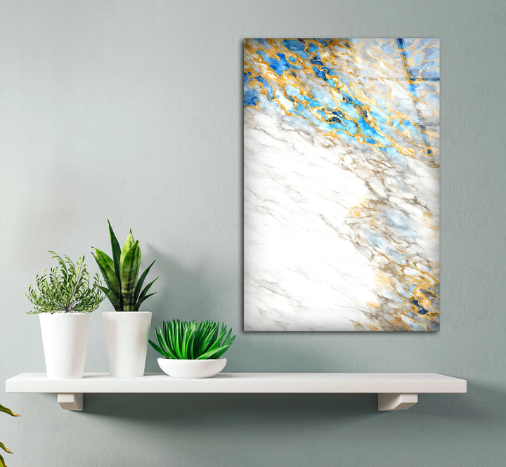 White Marble and Gold Wall Art – Elegant Glass Print with Blue Accents for Modern Luxe Interiors - MyPhotoStation
