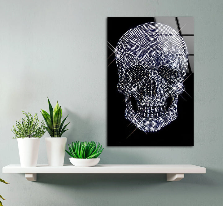 Crystal Skull Wall Art – Sparkling Glass Print with Diamond Skull Design on Black for Glam Rock and Modern Interiors - MyPhotoStation