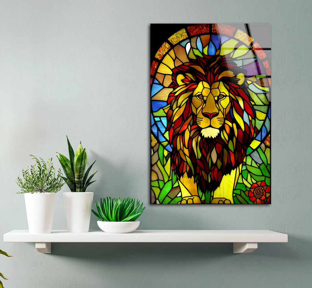 Stained Glass Lion Wall Art – Majestic Glass Print with Regal Colorful Mane for Bold Spiritual or Safari-Inspired Interiors - MyPhotoStation