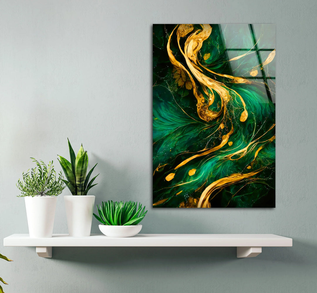 Emerald Gold Abstract Wall Art – Luxurious Glass Print with Flowing Metallic Accents for Elegant and Modern Interiors - MyPhotoStation