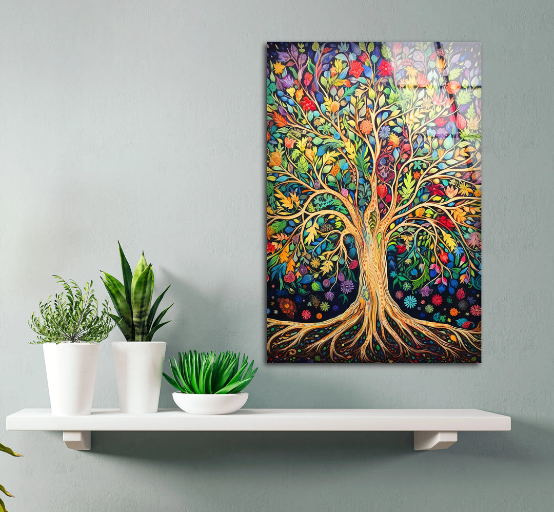 Colorful Tree of Life Wall Art – Multicolor Glass Print with Leaves and Roots for Boho, Nature-Inspired, and Spiritual Interiors - MyPhotoStation