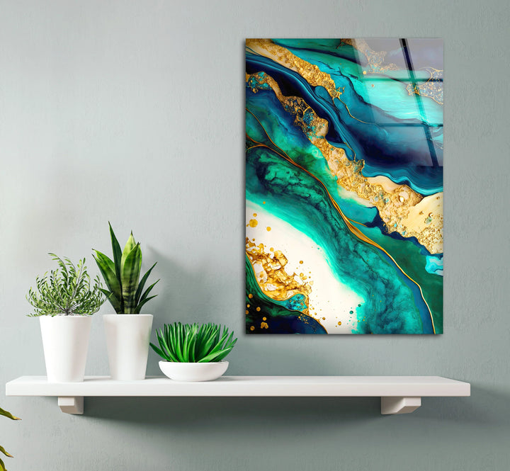 Teal and Gold Abstract Wall Art – Luxurious Glass Print with Ocean-Inspired Marble Texture for Elegant Modern Interiors - MyPhotoStation