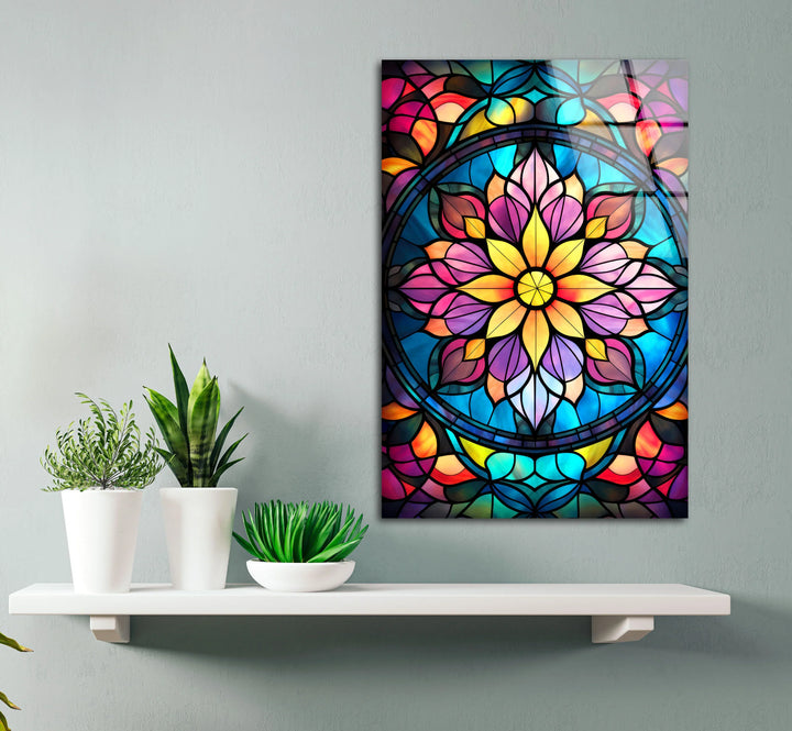Radiant Mandala Flower Wall Art – Multicolor Glass Print with Stained Glass Design for Spiritual and Artistic Interiors - MyPhotoStation