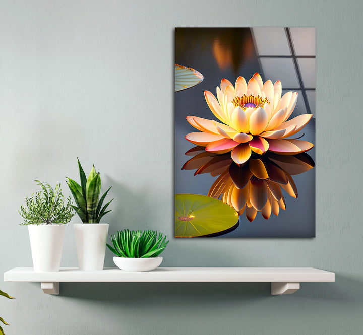 Golden Lotus Flower Wall Art – Tranquil Glass Print with Water Reflection for Zen, Spa, and Minimalist Interiors - MyPhotoStation
