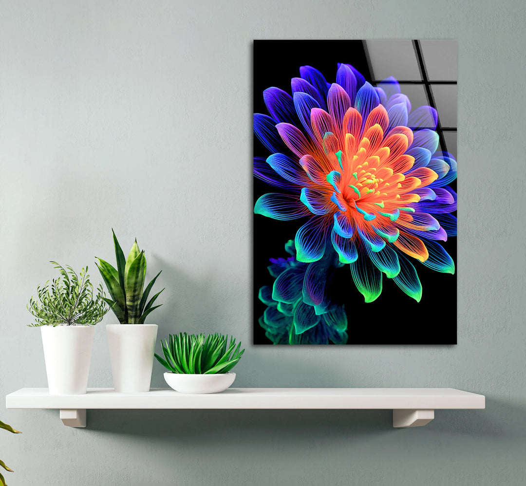 Neon Rainbow Flower Wall Art – Vibrant Glass Print with Glowing Petals on Black for Modern and Artistic Interiors - MyPhotoStation