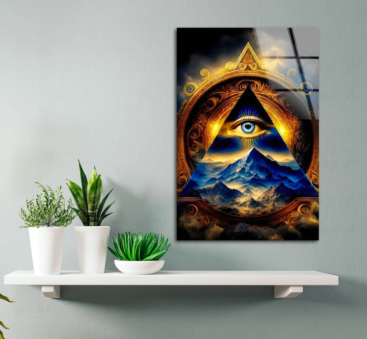 Eye of Providence Wall Art – Mystical Glass Print with Golden Pyramid and Mountain Scene for Spiritual and Esoteric Decor - MyPhotoStation