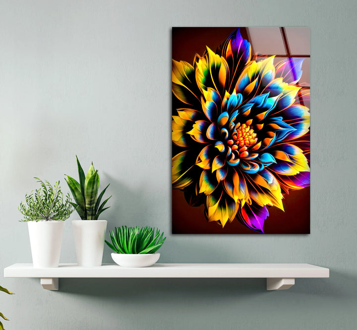 Vibrant Rainbow Flower Wall Art – Color Explosion Glass Print with Glowing Petals for Artistic Modern Interiors - MyPhotoStation