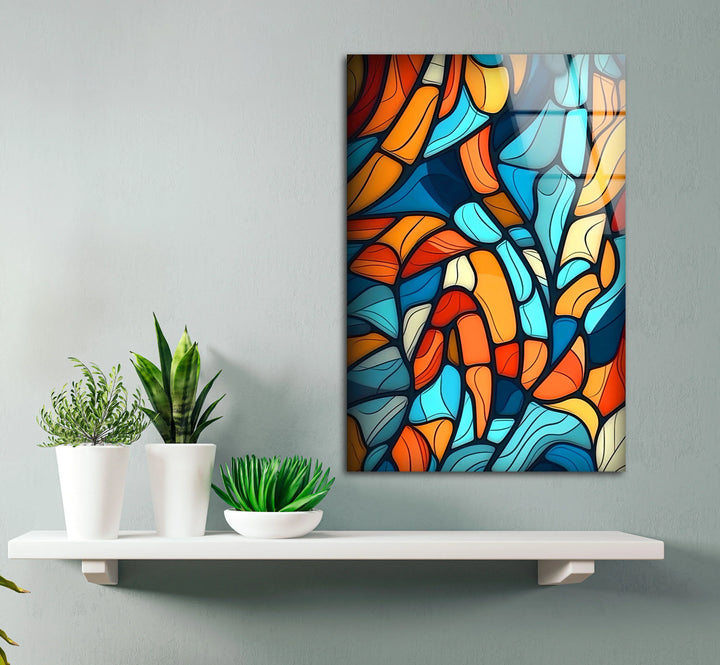 Abstract Mosaic Wall Art – Colorful Glass Print with Blue, Orange, and Red Geometric Design for Modern Artistic Interiors - MyPhotoStation