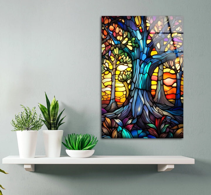 Stained Glass Forest Wall Art – Colorful Glass Print with Sunset and Trees for Spiritual and Artistic Interiors - MyPhotoStation