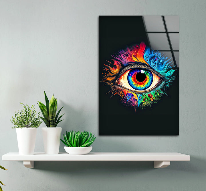 Psychedelic Eye Wall Art – Vivid Rainbow Glass Print with Color Explosion on Black for Visionary and Modern Interiors - MyPhotoStation