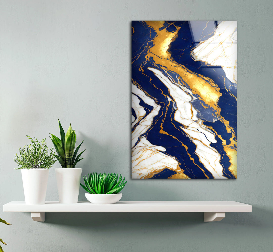 Navy Blue and Gold Marble Wall Art – Elegant Glass Print with White Veins for Sophisticated Modern Interiors - MyPhotoStation