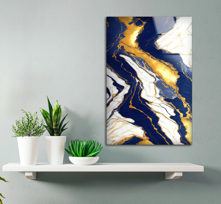 Navy Blue and Gold Marble Wall Art – Elegant Glass Print with White Veins for Sophisticated Modern Interiors - MyPhotoStation