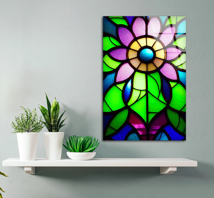 Stained Glass Flower Wall Art – Vibrant Purple and Green Glass Print for Colorful Botanical and Modern Interiors - MyPhotoStation