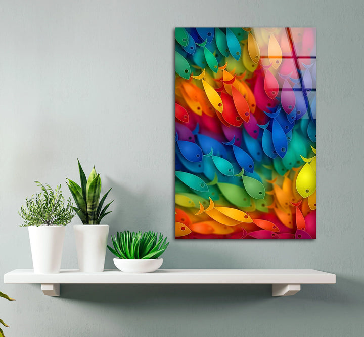Rainbow Fish Wall Art – Vertical Colorful Glass Print with Vibrant School of Fish Design for Coastal and Playful Interiors - MyPhotoStation