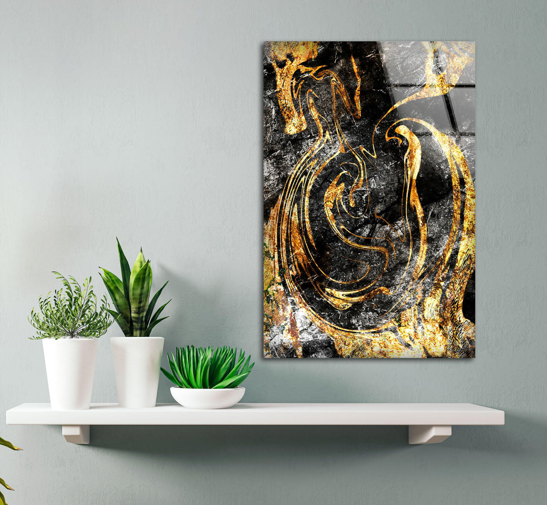 Black and Gold Abstract Wall Art – Textured Glass Print with Swirling Metallic Design for Luxe Industrial or Modern Interiors - MyPhotoStation
