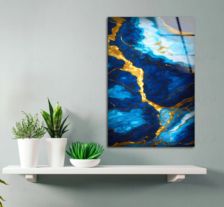 Blue and Gold Marble Wall Art – Elegant Glass Print with Rich Veins and Deep Texture for Modern Luxury Interiors - MyPhotoStation