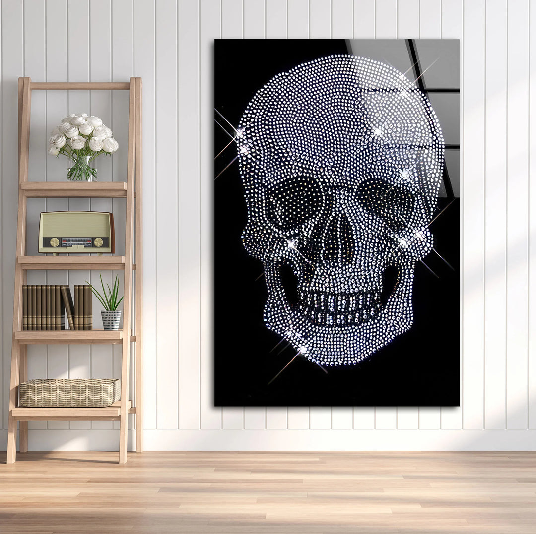 Crystal Skull Wall Art – Sparkling Glass Print with Diamond Skull Design on Black for Glam Rock and Modern Interiors - MyPhotoStation