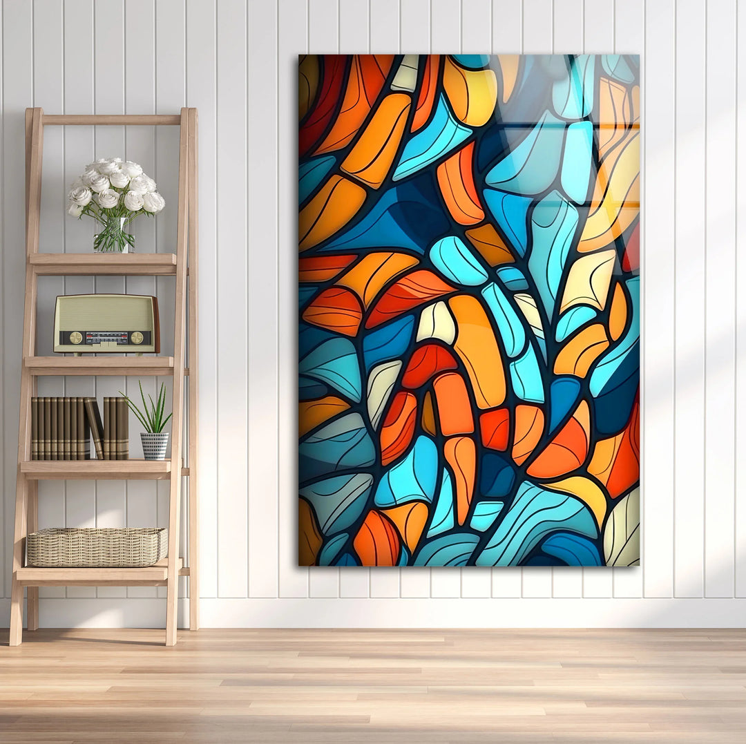 Abstract Mosaic Wall Art – Colorful Glass Print with Blue, Orange, and Red Geometric Design for Modern Artistic Interiors - MyPhotoStation