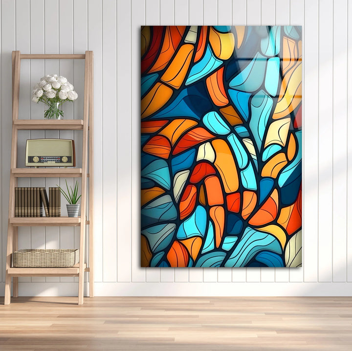 Abstract Mosaic Wall Art – Colorful Glass Print with Blue, Orange, and Red Geometric Design for Modern Artistic Interiors - MyPhotoStation