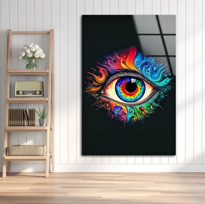 Psychedelic Eye Wall Art – Vivid Rainbow Glass Print with Color Explosion on Black for Visionary and Modern Interiors - MyPhotoStation