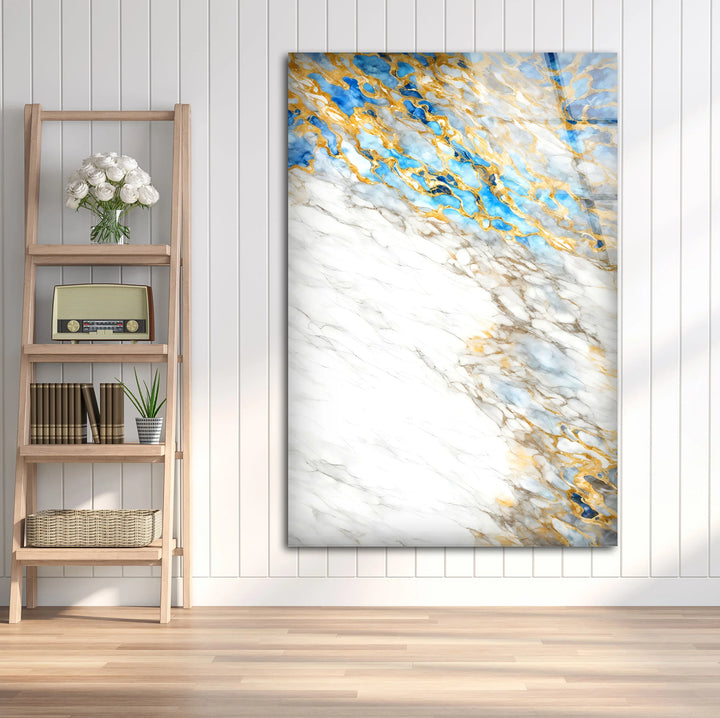 White Marble and Gold Wall Art – Elegant Glass Print with Blue Accents for Modern Luxe Interiors - MyPhotoStation