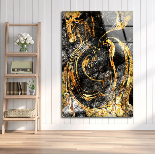 Black and Gold Abstract Wall Art – Textured Glass Print with Swirling Metallic Design for Luxe Industrial or Modern Interiors - MyPhotoStation