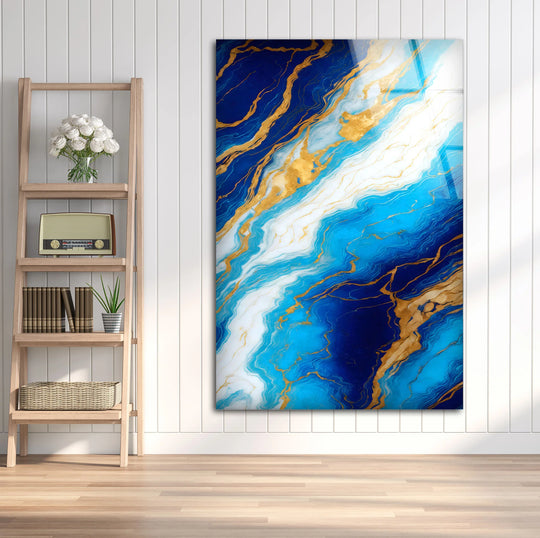 Blue Marble and Gold Wall Art – Glossy Glass Print with White and Gold Veins for Sophisticated Modern Interiors - MyPhotoStation