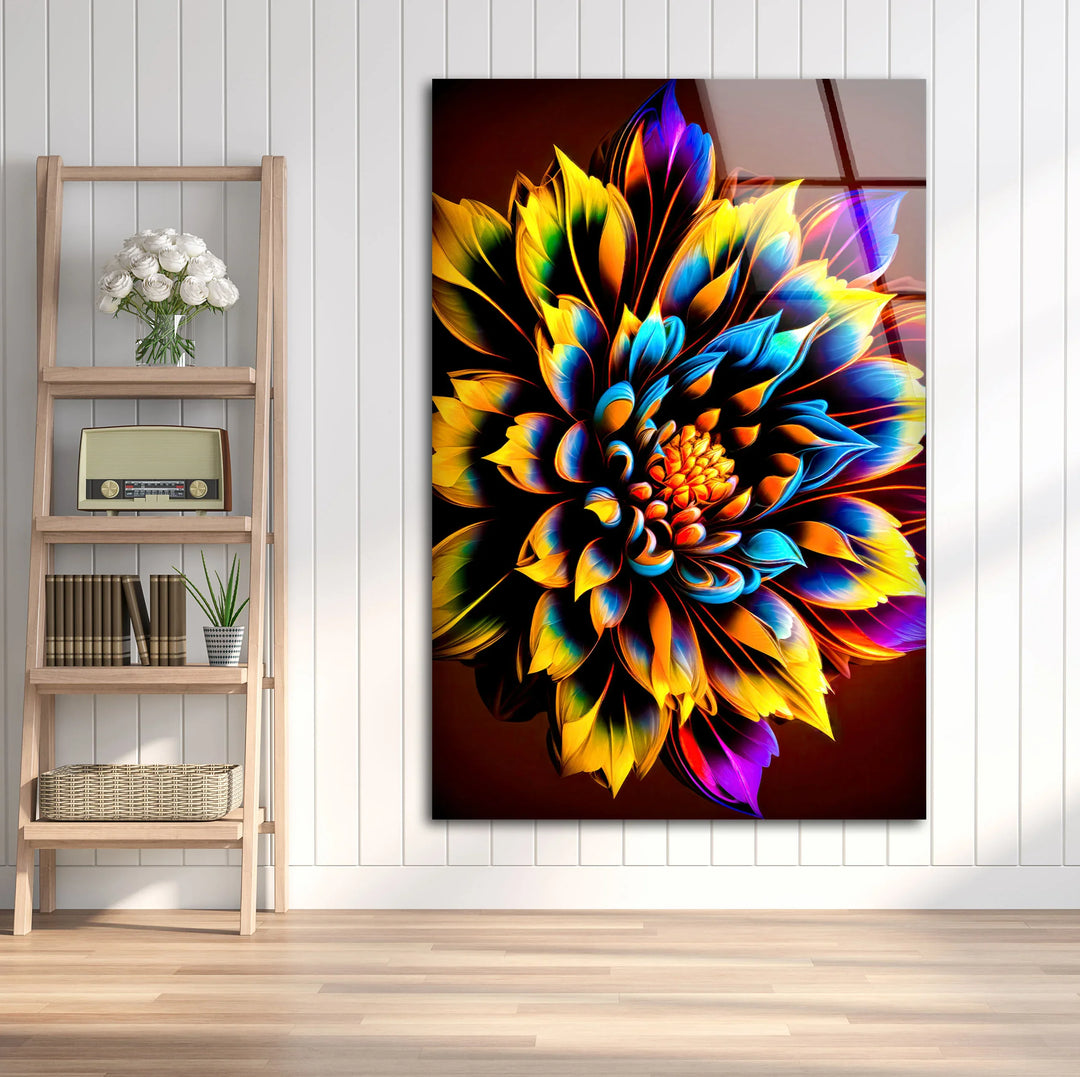 Vibrant Rainbow Flower Wall Art – Color Explosion Glass Print with Glowing Petals for Artistic Modern Interiors - MyPhotoStation